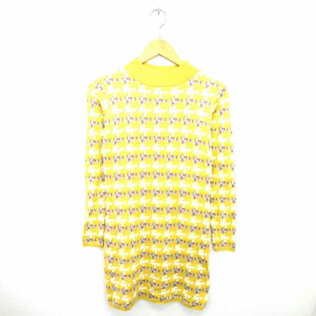 【中古】ダズリン dazzlin ワンピース ニット ハイネック 総柄 プルオーバー 長袖 S マスタード ホワイト からし色 白 /TT15 レディース 【ベクトル 古着】 210911