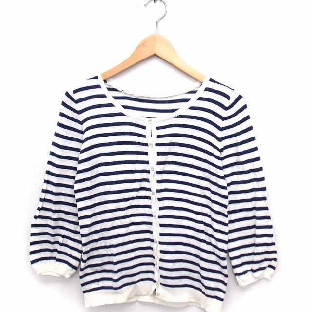 【中古】アースミュージック&エコロジー EARTH MUSIC & ECOLOGY カーディガン ニット ボーダー 丸首 七分袖 S ホワイト 白 ネイビー 紺 /FT8 レディース 【ベクトル 古着】 211030