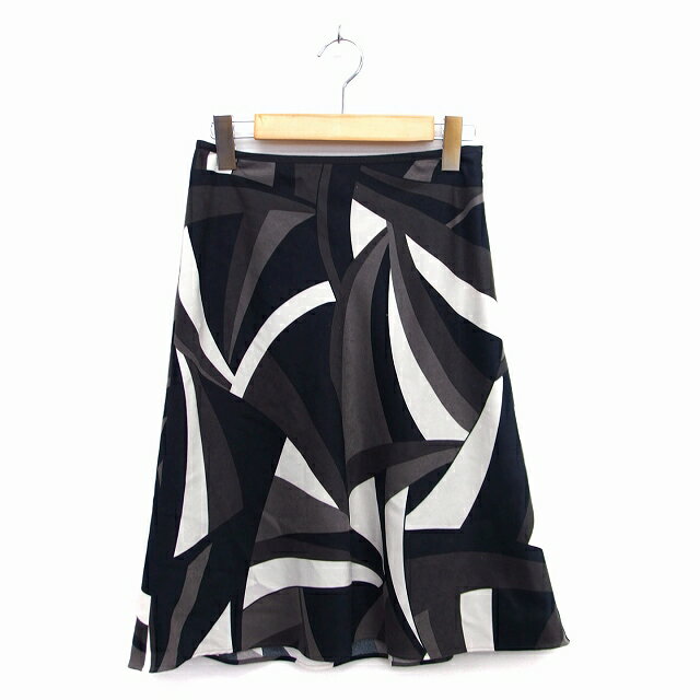 【中古】アンタイトル UNTITLED フレア スカート 膝丈 総柄 グログランテープ 1 ブラック 黒 ダークブラウン 茶 アイボリー 白 /HT21 レディース 【ベクトル 古着】 220225