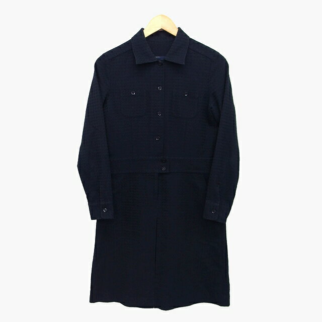 【中古】シップス SHIPS ワンピース フレア 膝丈 ハーフボタン 長袖 綿混 総柄 タック 厚手 M ダークグレー 灰 /HT25 レディース 【ベクトル 古着】 220527