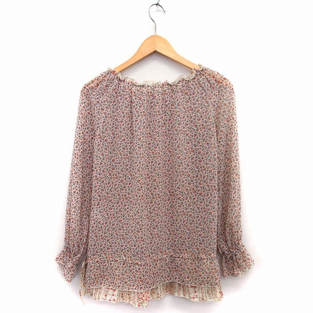 【中古】ウィルセレクション WILLSELECTION チュニック カットソー 長袖 丸首 切替 花 柄 ペプラム リボン フリル 透け感 1 ライトベージュ /HT14 レディース 【ベクトル 古着】 220808