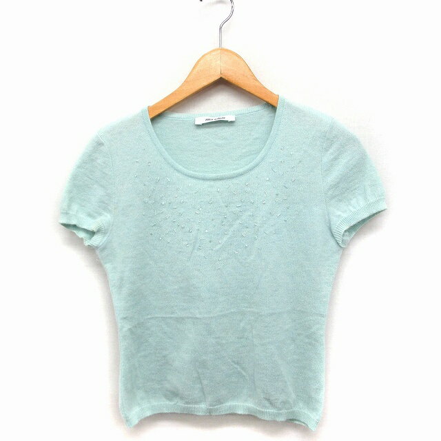 【中古】ミス アシダ miss ashida 半袖 ニット セーター 丸首 ビーズ装飾 アンゴラ混 ウール M ミント ..