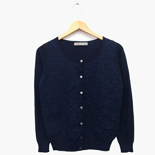 【中古】ユナイテッドアローズ A DAY IN THE LIFE UNITED ARROWS ニット カーディガン 長袖 丸首 ウール混 刺繍 花柄 切替リブ ネイビー 紺 /HT13 レディース 【ベクトル 古着】 221103