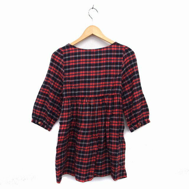 【中古】シェル cher 2020 チュニック Uネック コットン 綿 リボン ギャザー チェック 七分袖 赤 レッド /NT26 レディース 【ベクトル 古着】 221104