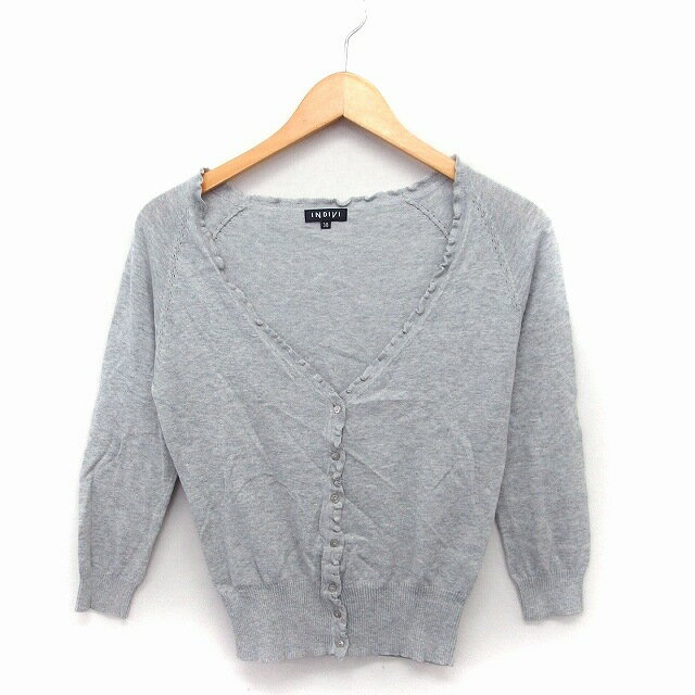 【中古】インディヴィ INDIVI カーディガン ニット 七分袖 Vネック 無地 コットン 綿 38 グレー /FT40 レディース 【ベクトル 古着】 221114
