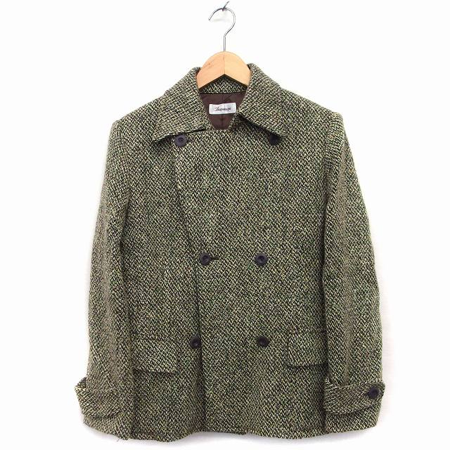 【中古】Bonsaune ステンカラー ジャケット 総柄 ニット ウール混 15AR イエローグリーン 黄緑 /HT1 レディース 【ベクトル 古着】 221212