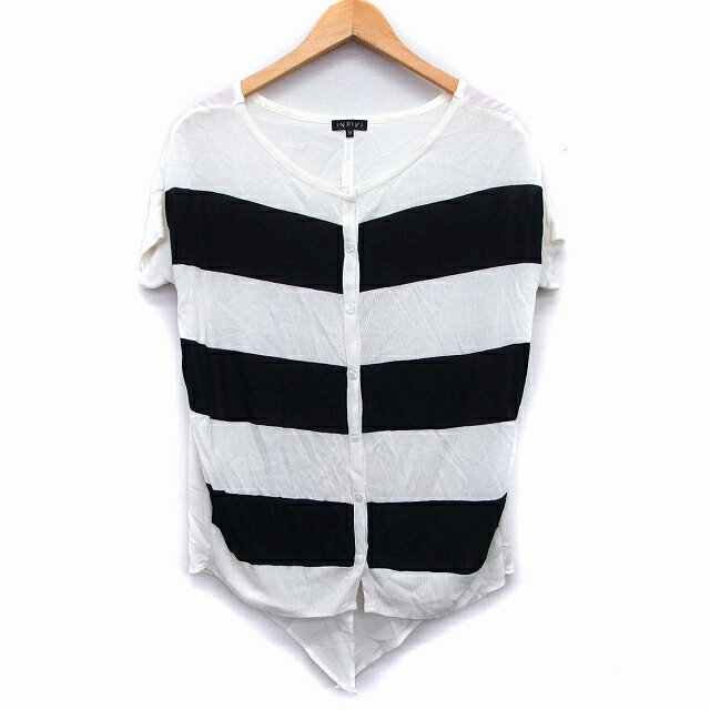 【中古】インディヴィ INDIVI 切替 カーディガン ワイド 半袖 丸首 ニット 無地 ボーダー 柄 切替リブ シルク混 38 アイボリー 白 /HT23 レディース 【ベクトル 古着】 230206