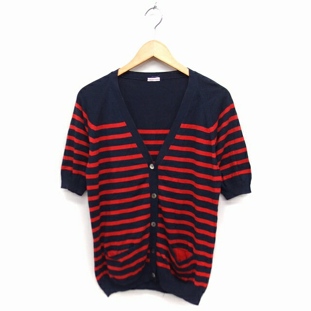 【中古】ドレステリア DRESSTERIOR カーディガン ボーダー柄 Vネック 五分袖 コットンニット ネイビー 紺 レッド 赤 /FT28 レディース 【ベクトル 古着】 230324