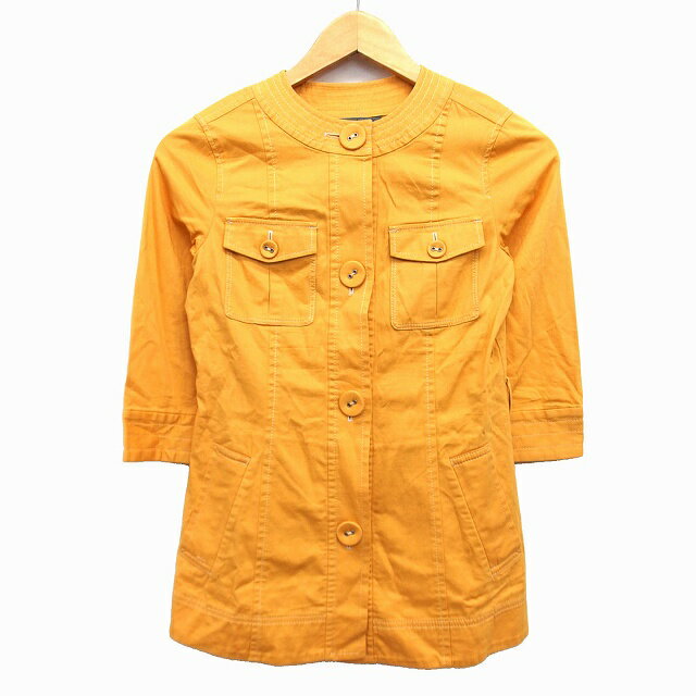 【中古】ブラック バイ マウジー BLACK by moussy ノーカラー ジャケット シンプル ステッチ 七分袖 丸首 コットン 綿 麻混 1 マスタード からし /HT26 レディース 【ベクトル 古着】 230403