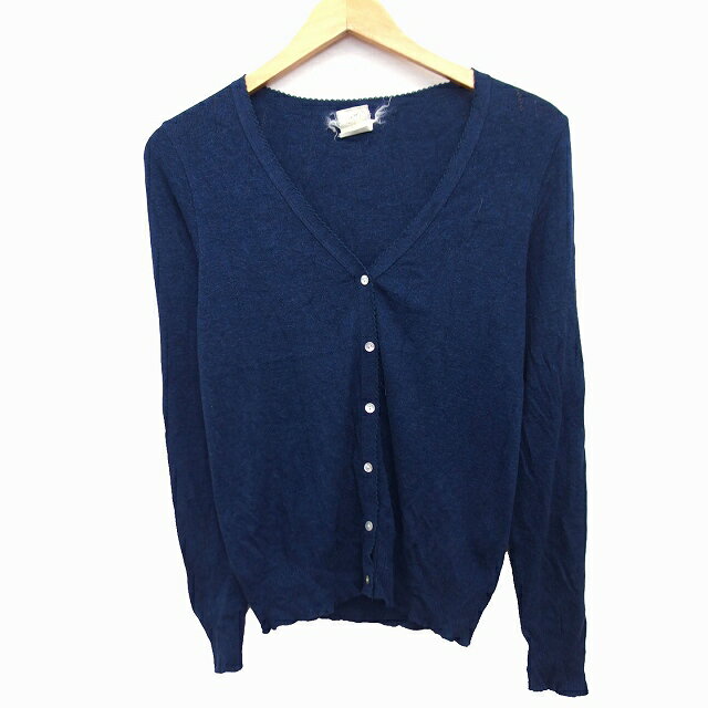 【中古】ジャーナルスタンダード JOURNAL STANDARD ニット カーディガン 柄編み フリル 長袖 Vネック 綿混 ネイビー 紺 /HT2 レディース 【ベクトル 古着】 230414