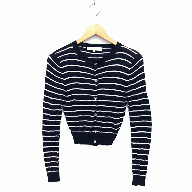 【中古】マーキュリーデュオ MERCURYDUO カーディガン ニット クルーネック リブ クロップド 透け感 ハイゲージ ボーダー 長袖 F 紺 ネイビー /NT16 レディース 【ベクトル 古着】 230413