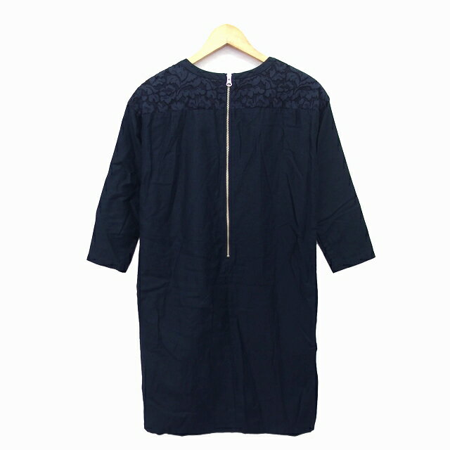 【中古】B&Y ユナイテッドアローズ BEAUTY&YOUTH ビューティー&ユース ワンピース Aライン ロング 切替レース 花柄 シンプル 長袖 丸首 綿混 麻混 ネイビー 紺 /HT12 レディース 【ベクトル 古着】 230420