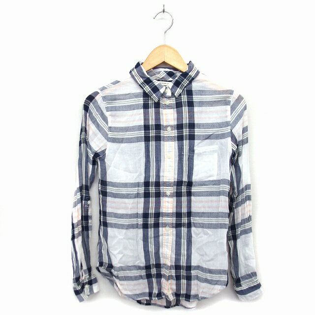 【中古】アメリカンイーグルアウトフィッターズ AMERICAN EAGLE OUTFITTERS シャツ ブラウス ステンカラー コットン混 透け感 チェック 長袖 XXS 紺 ネイビー /NT26 レディース 【ベクトル 古着】 230420
