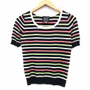 【中古】シンシアローリー CYNTHIA ROWLEY ニット カットソー ボーダー 柄 ビジュー装飾 五分袖 丸首 切替リブ 2 ブラック 黒 /HT18 レ...