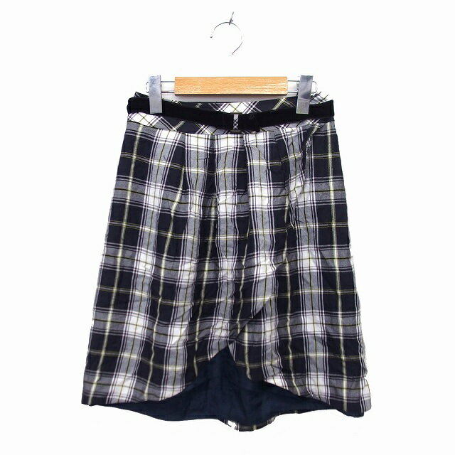 【中古】エフデ ef-de スカート フレア ひざ丈 ベルト タック バックジップ チェック 9 黒 ブラック /NT19 レディース 【ベクトル 古着】 230511(4)