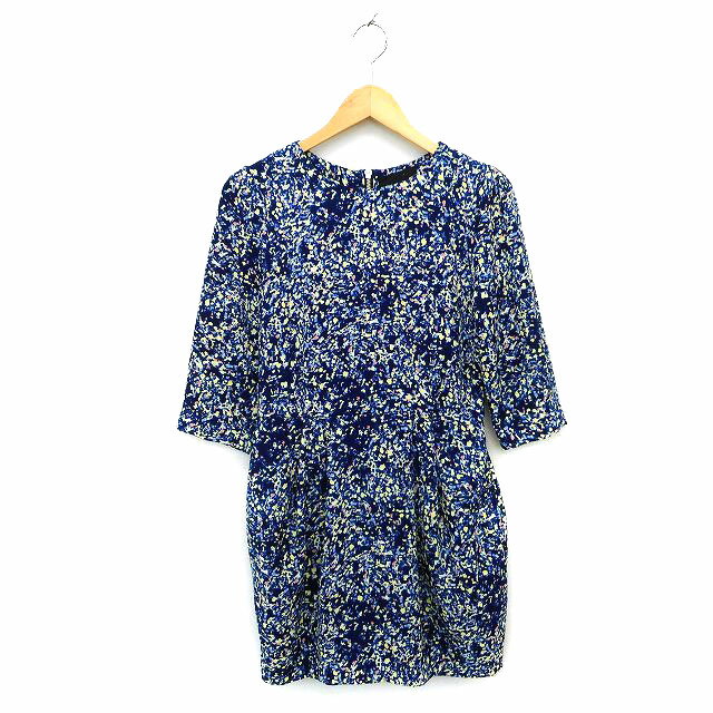 【中古】ジーナシス JEANASIS ワンピース フレア ミニ 薄手 タック バックジップ 七分袖 総柄 F 紺 ネイビー /NT9 レディース 【ベクトル 古着】 230619