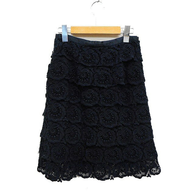 【中古】ストロベリーフィールズ STRAWBERRY-FIELDS レース ティアード スカート ひざ丈 フレア コットン 綿 ブラック 黒 /FT24 レディース 【ベクトル 古着】 230712