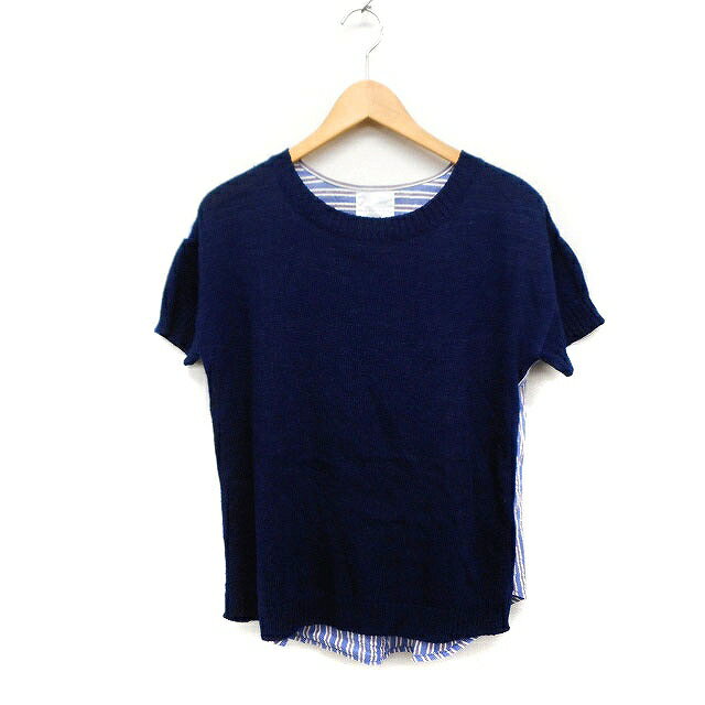 【中古】レイビームス Ray Beams 切替 半袖 ニット セーター 無地 ストライプ柄 ネイビー 紺 /FT47 レディース 【ベクトル 古着】 230930(4)