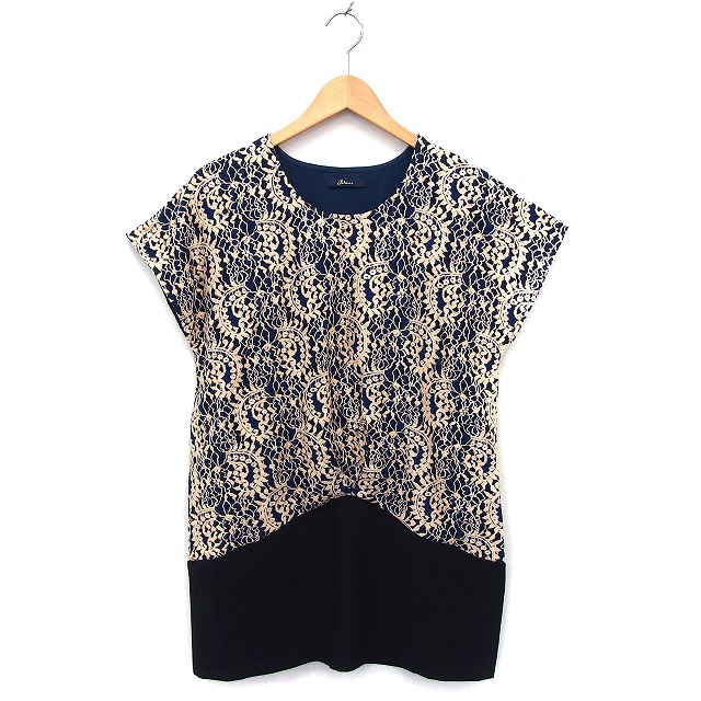 【中古】Plune ワンピース Iライン ミニ ジャガード コットン混 フレンチスリーブ 半袖 M 紺 ネイビー ..