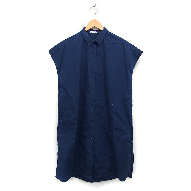 【中古】アースミュージック&エコロジー EARTH MUSIC & ECOLOGY シャツ ワンピース ロング丈 フレンチスリーブ 無地 ストレートライン F ネイビー 紺 /FT12 レディース 【ベクトル 古着】 240411