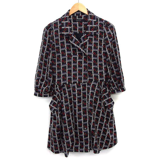 【中古】グースィー goocy チェスター コート ミドル ダブル 総柄 七分袖 F ブラック 黒 /HT29 レディース 【ベクトル 古着】 240523