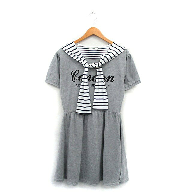 【中古】オリーブデオリーブ OLIVE des OLIVE ワンピース 膝丈 半袖 切替 文字 ボーダー M グレー 灰 /KT10 レディース 【ベクトル 古着】 240620