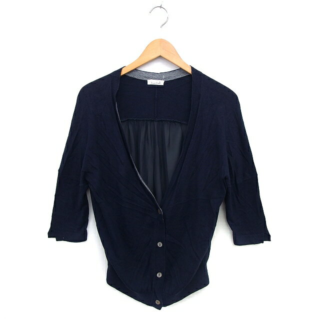 【中古】マオメイド mao made カーディガン ニット シフォン 切替 リブ コットン混 ギャザー ドロップショルダー 七分袖 M 紺 ネイビー /NT6 レディース 【ベクトル 古着】 240705