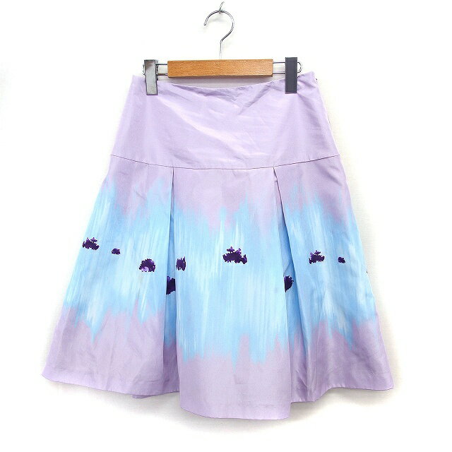 【中古】ストロベリーフィールズ STRAWBERRY-FIELDS プリント タック フレア スカート ひざ丈 ラベンダー 薄紫 /FT24 レディース 【ベクトル 古着】 240719