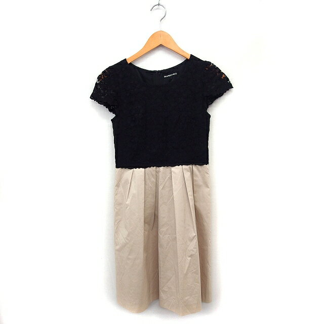 【中古】ストロベリーフィールズ STRAWBERRY-FIELDS 切替 ワンピース ひざ丈 キャップスリーブ ボートネック フレア レース ブラック 黒 ベージュ /FT42 レディース 【ベクトル 古着】 240731