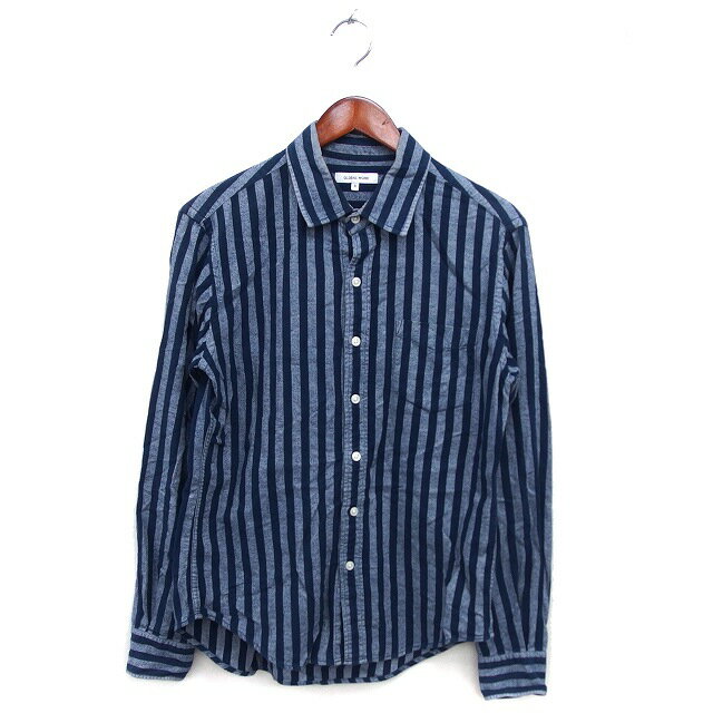 【中古】グローバルワーク GLOBAL WORK シャツ カジュアル ステンカラー コットン 綿 ストライプ ラウンドヘム 長袖 S 紺 ネイビー /NT13 メンズ 【ベクトル 古着】 241113