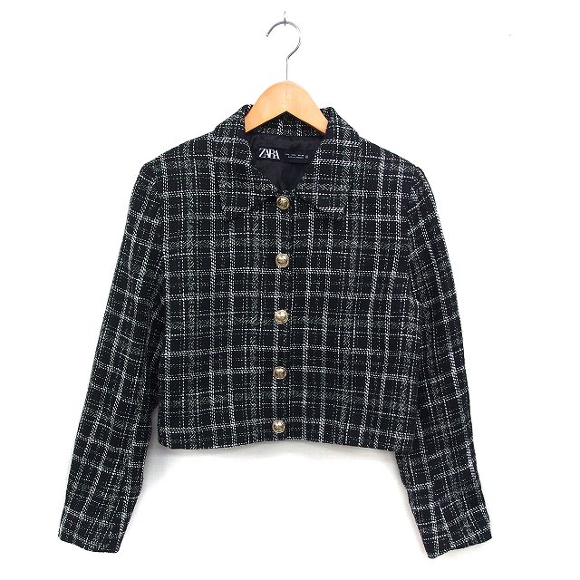 【中古】ザラ ZARA ステンカラー ジャケット アウター 総裏地 チェック クロップド L 黒 ブラック /NT10 レディース 【ベクトル 古着】 241122