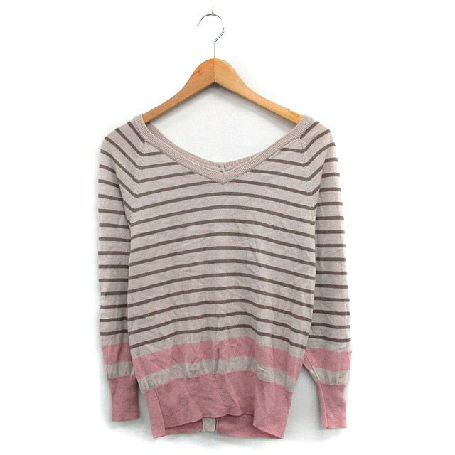 【中古】アクアガール aquagirl ニット セーター 長袖 バックボタン Vネック ウール ボーダー ベージュ..