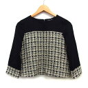 【中古】クイーンズコート QUEENS COURT カットソー ブラウス ショート丈 無地 切替ツイード ラメ混 七分袖 丸首 ウール混 2 ブラック 黒 /H...