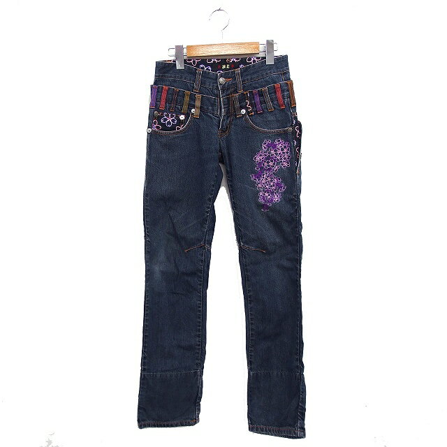 【中古】雅結 デニム ジーンズ 刺繍 ちりめん 切替 S ネイビー 紺 /FT23 レディース 【ベクトル 古着】 241211