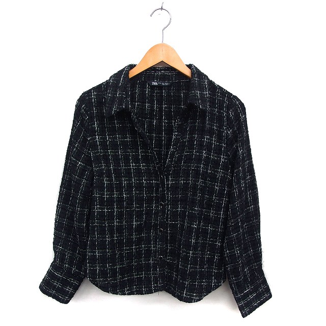 【中古】ザラ ZARA ツイード シャツ ブラウス オープンカラー ラウンドネック チェック 長袖 XL 黒 ブラック /NT9 レディース 【ベクトル 古着】 241219のサムネイル