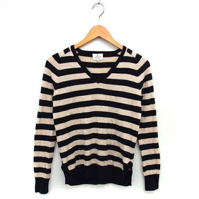 【中古】ランバン LANVIN Vネック ニット セーター ボーダー ウール スリット リブ ハイゲージ 長袖 38 ベージュ 黒 ブラック /NT19 レディース 【ベクトル 古着】 250115