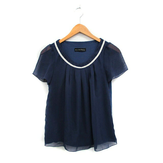 【中古】グリーンレーベルリラクシング ユナイテッドアローズ green label relaxing ブラウス シャツ プルオーバー 半袖 ギャザー シフォン シンプル ネイビー 紺 /KT22 レディース 【ベクトル 古着】 250205