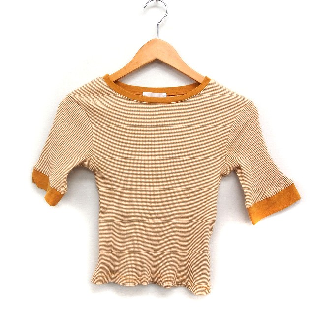 【中古】センスオブプレイス バイ アーバンリサーチ Sense of Place by Urban Research ボーダー柄 リブ カットソー 半袖 丸首 One イエロー 黄 /FT43 レディース 【ベクトル 古着】 250416