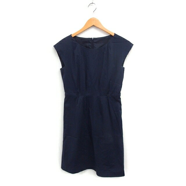 【中古】オフオン ofuon コットン ワンピース フレンチスリーブ ひざ丈 タック フレア 無地 38 ネイビー 紺 /FT36 レディース 【ベクトル 古着】 250605