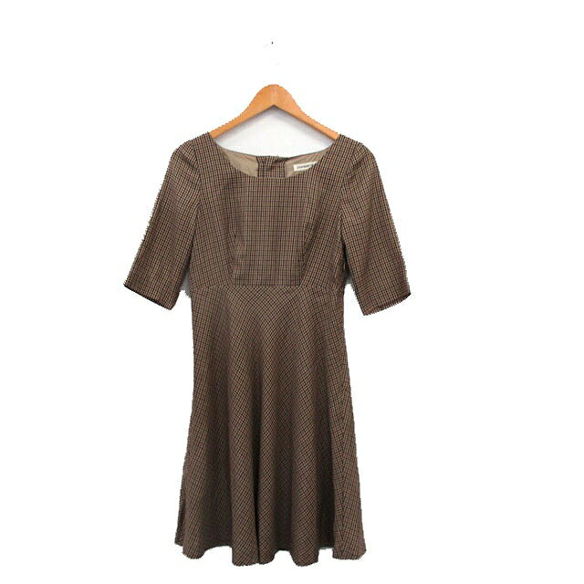 【中古】ストロベリーフィールズ STRAWBERRY-FIELDS ワンピース 五分袖 膝丈 バックボタン 千鳥格子 ブラウン 茶 /KT13 レディース 【ベクトル 古着】 250616