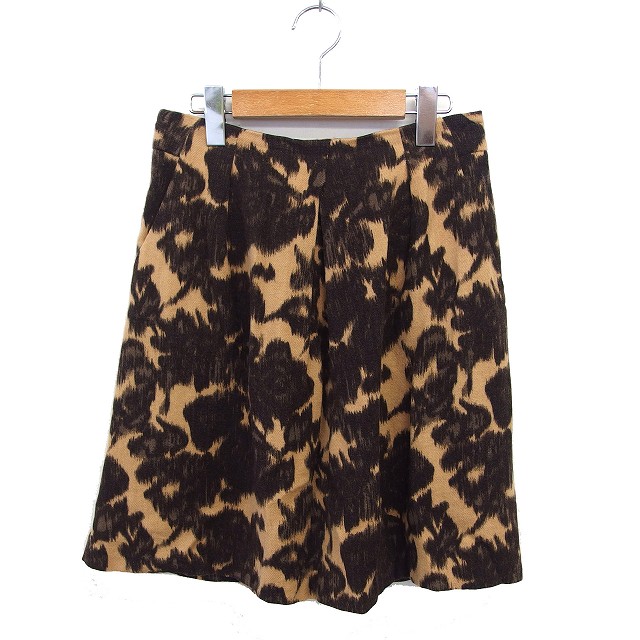 【中古】ストロベリーフィールズ STRAWBERRY-FIELDS ウール フレア スカート ひざ丈 花柄 タック バックジップ 2 ベージュ /NT11 レディース 【ベクトル 古着】 250618