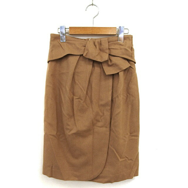 【中古】未使用品 ストロベリーフィールズ STRAWBERRY-FIELDS タグ付き リボン スカート スリット タイト ひざ下 ウール タック バックジップ 2 キャメル /NT1 レディース 【ベクトル 古着】 250619