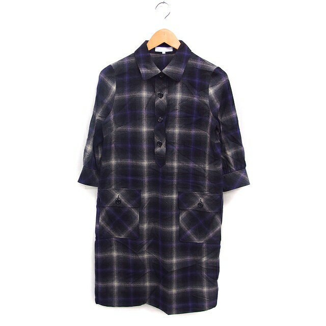 【中古】自由区 オンワード樫山 チェック シャツ ワンピース 7分袖 ひざ丈 ウール 38 ブラック 黒 パープル 紫 /FT29 レディース 【ベクトル 古着】 251205