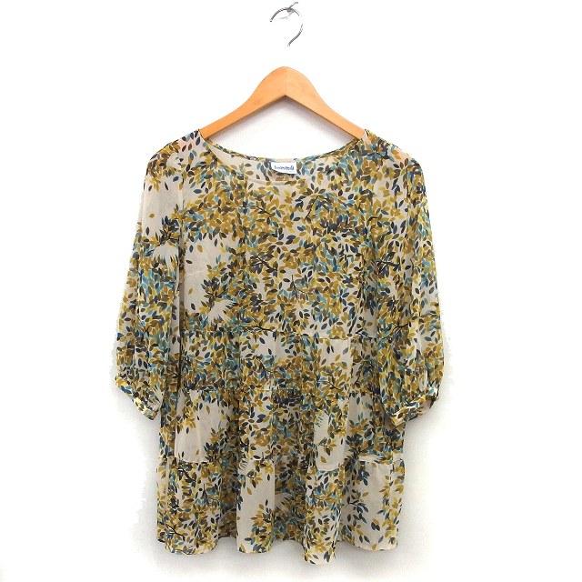 【中古】ホコモモラデシビラ Jocomomola de Sybilla ティアード シフォン チュニック ボタニカル柄 ボートネック 七分袖 40 ベージュ /NT33 レディース 【ベクトル 古着】 250731