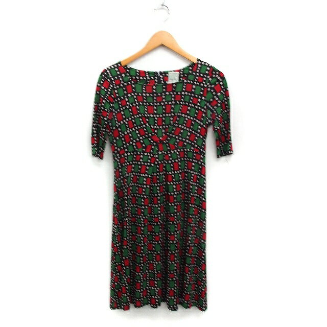 【中古】シビラ SYBILLA 柄 フレア ワンピース 5分袖 ひざ丈 ボートネック M ブラック 黒 /FT46 レディース 【ベクトル 古着】 250904