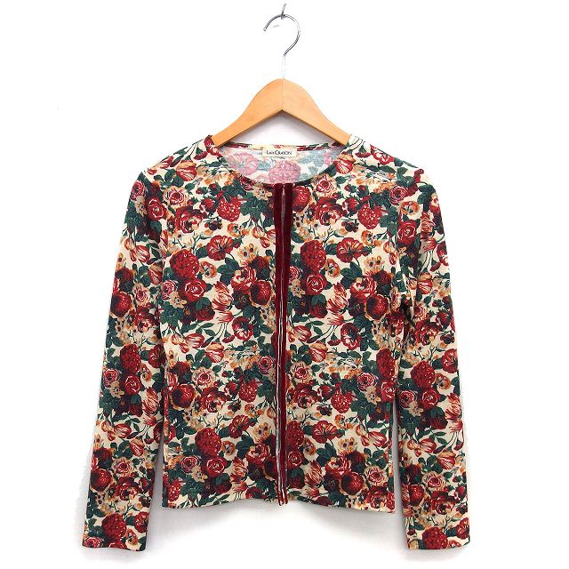 【中古】ロイスクレヨン Lois CRAYON ボートネック カーディガン 花柄 ウール混 プリント 長袖 M ベージュ 赤 レッド /NT17 レディース 【ベクトル 古着】 250911