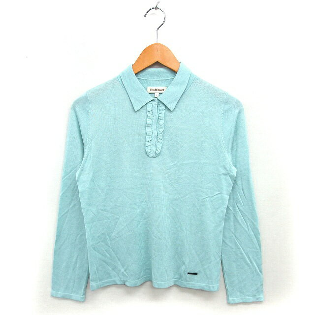 【中古】ポールスチュアート PAUL STUART ニット ポロシャツ フリル ステンカラー ウール混 無地 長袖 ..