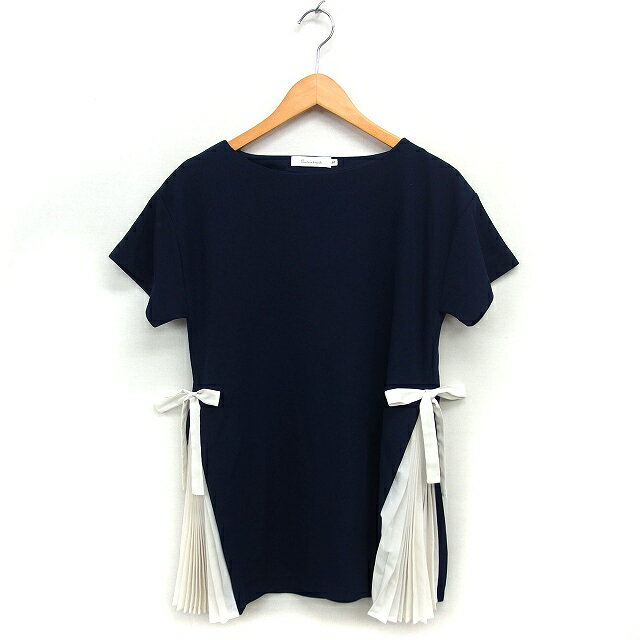 【中古】クチュールブローチ COUTURE BROOCH プリーツ チュニック リボン ボートネック 半袖 38 紺 ネイビー /NT5 レディース 【ベクトル 古着】 251006