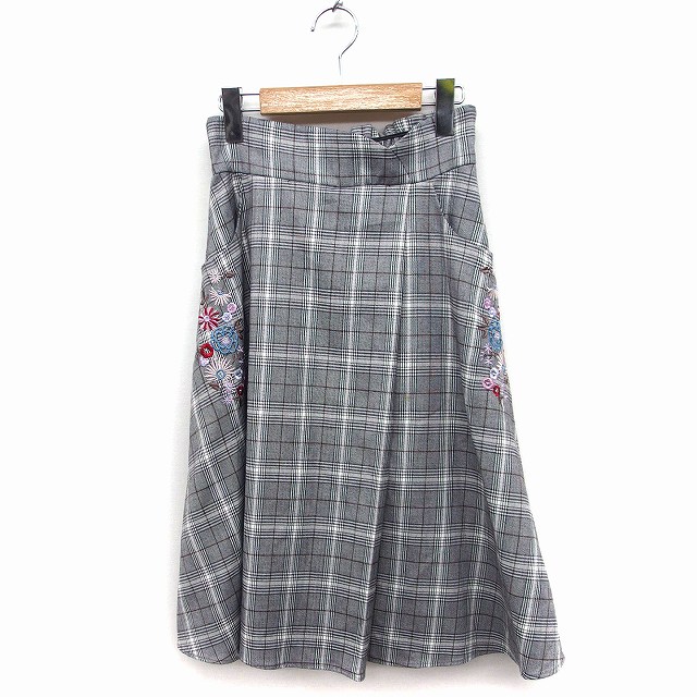 【中古】ウィルセレクション WILLSELECTION グレンチェック フレアスカート ミディ丈 花刺繍 MT グレー 灰 /FT3 レディース 【ベクトル 古着】 251001