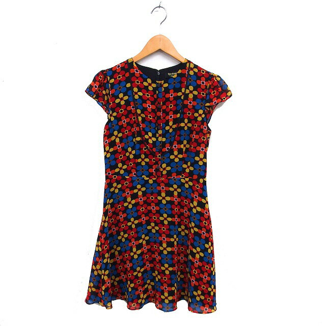 【中古】ジューシークチュール JUICY COUTURE フラワープリント フレア ワンピース ミニ 飾りボタン シフォン 半袖 2 黒 ブラック /NT32 レディース 【ベクトル 古着】 251126(4)